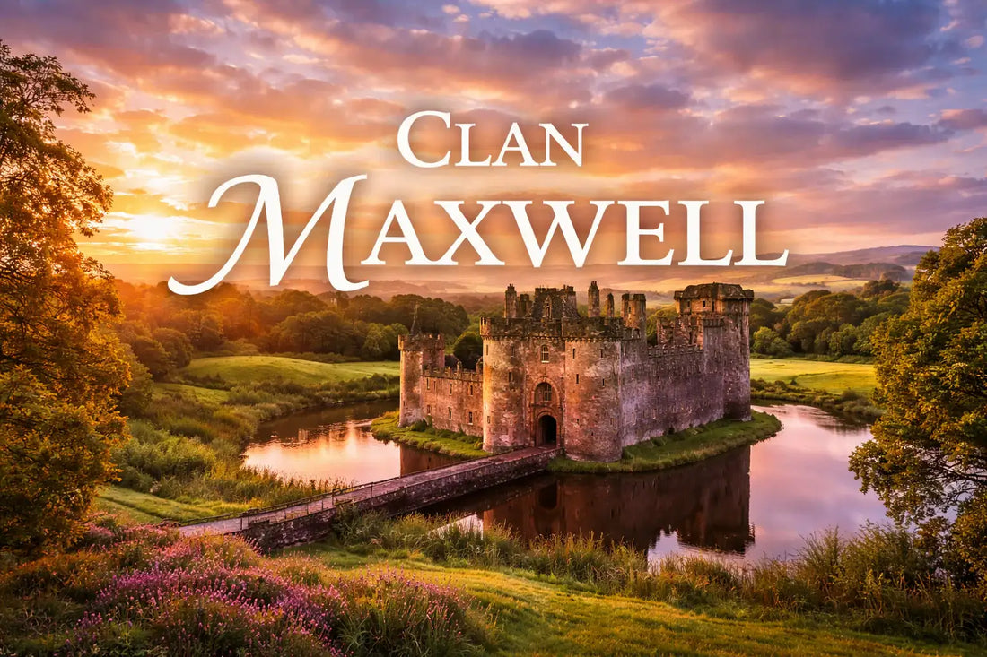 Caerlaverock Castle in Dumfriesshire, historic stronghold of Clan Maxwell, surrounded by a moat and countryside at sunset with text “Clan Maxwell.”