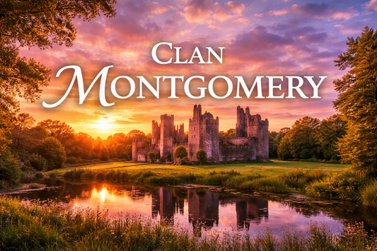 Eglinton Castle ruins in Ayrshire, Scotland, reflected in a river at sunset, with vibrant sky and large text reading “Clan Montgomery,” created as a colorful banner image for a Scottish clan history blog.