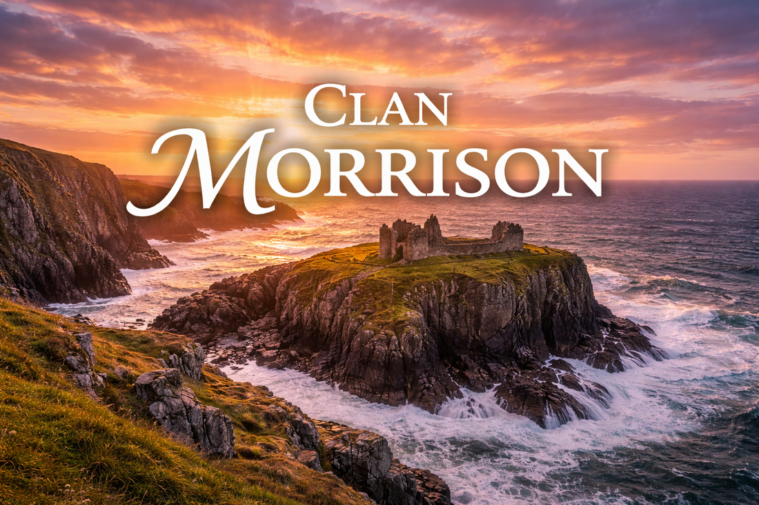 Dùn Èistean sea stack on the Isle of Lewis at sunset, waves crashing against rugged cliffs and ruins on the rock, with large text reading “Clan Morrison,” used as a colorful banner image for a Scottish clan history blog.