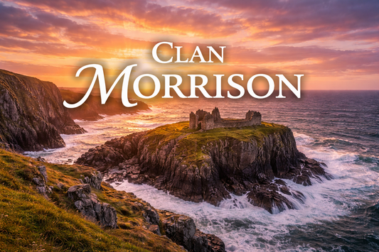 Dùn Èistean sea stack on the Isle of Lewis at sunset, waves crashing against rugged cliffs and ruins on the rock, with large text reading “Clan Morrison,” used as a colorful banner image for a Scottish clan history blog.