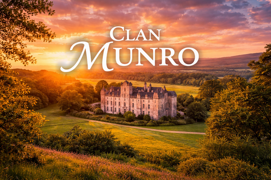 Foulis Castle in Ross-shire, historic seat of Clan Munro, surrounded by Highland countryside at sunset with text “Clan Munro.”