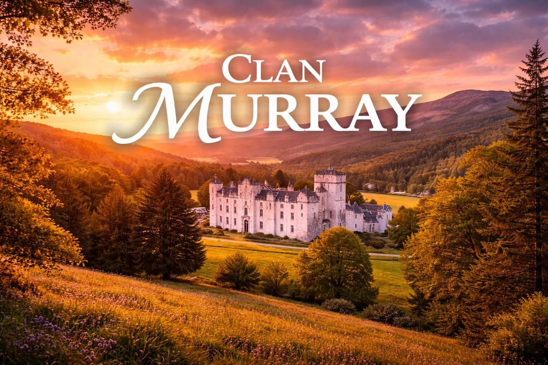 Blair Castle in Atholl, Scotland at sunset, surrounded by rolling hills and forest, with large text reading “Clan Murray” in the sky above the castle.
