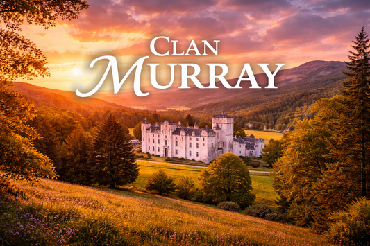 Blair Castle in Atholl, Scotland at sunset, surrounded by rolling hills and forest, with large text reading “Clan Murray” in the sky above the castle.
