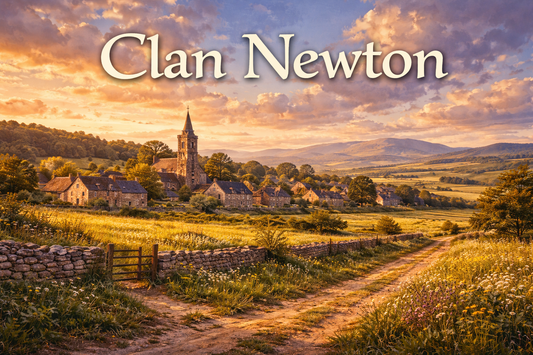 Clan Newton text over Scottish countryside village with stone church and scenic hills