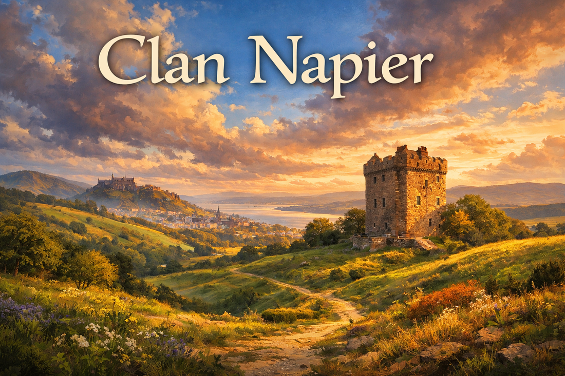 Colorful landscape illustration of Scottish countryside with the text Clan Napier, representing the history and heritage of Clan Napier.