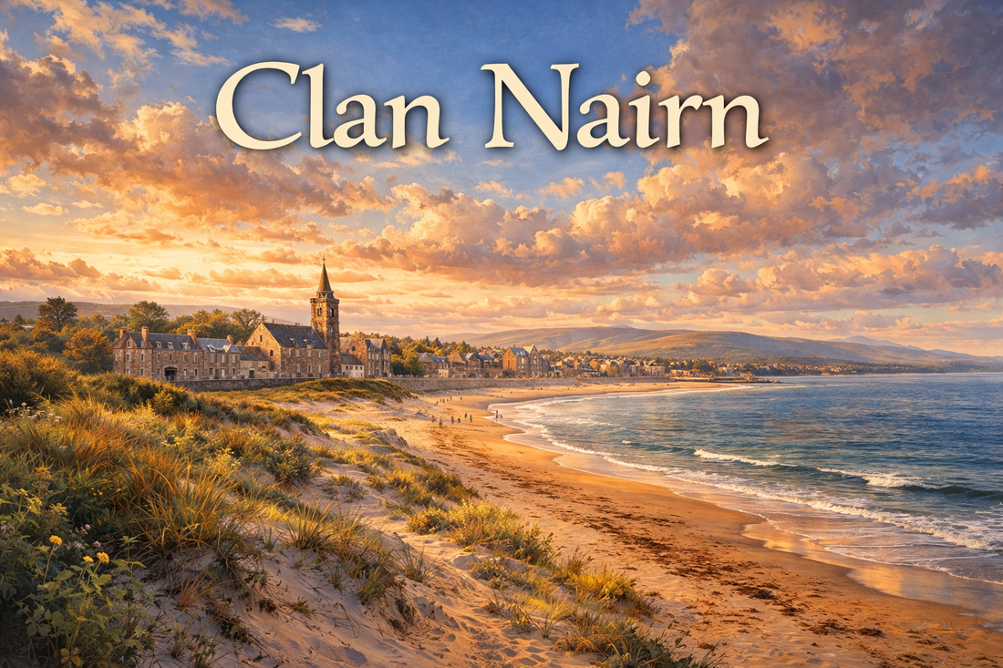 Clan Nairn Scottish coast landscape with historic buildings, sandy beach, and sunset sky