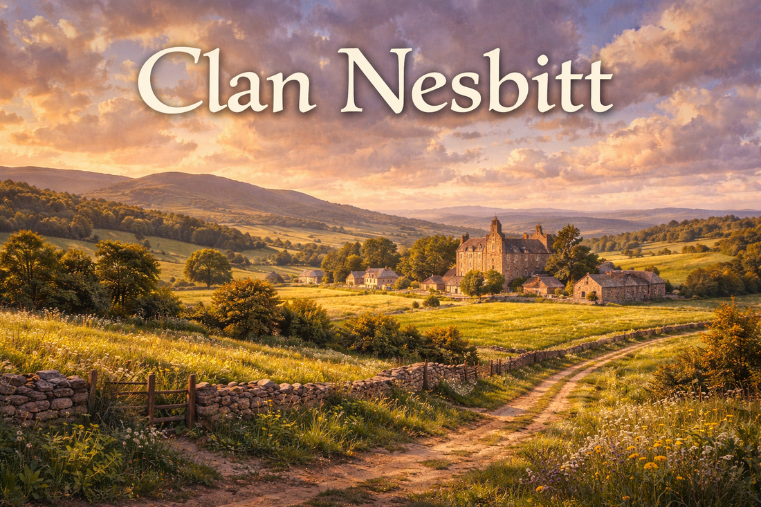 Clan Nesbitt text over Scottish countryside with stone castle and rolling hills at sunset