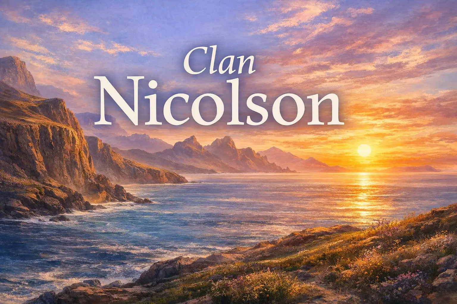 Clan Nicolson text over scenic Scottish coastal sunset with rugged cliffs and ocean