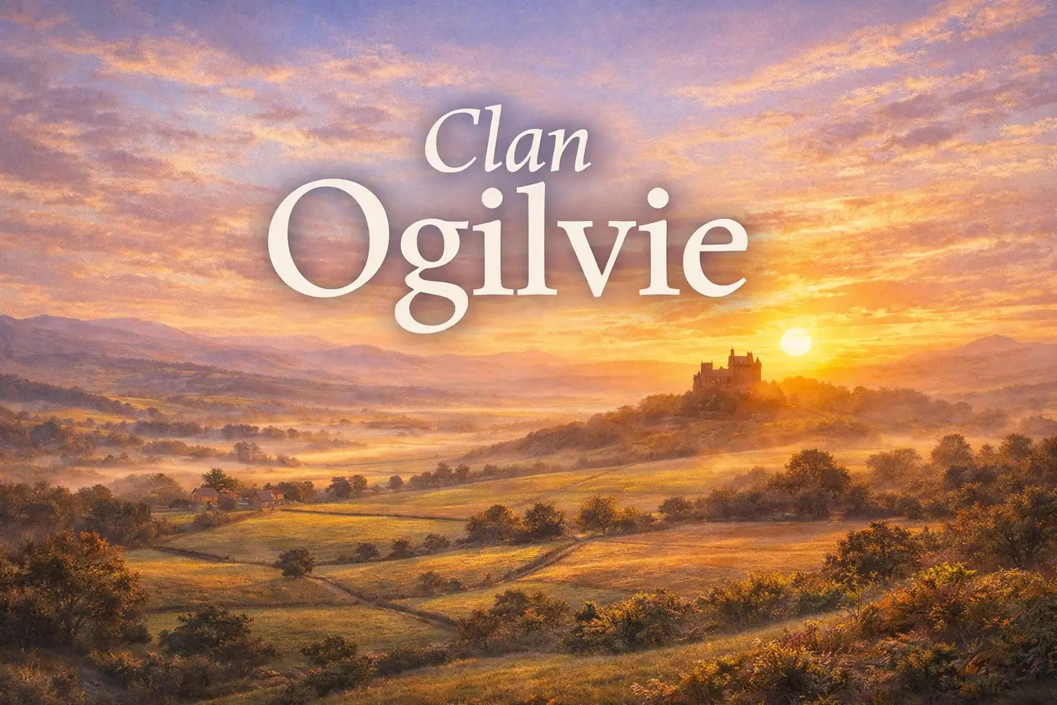 Clan Ogilvie text over scenic Scottish landscape at sunrise with castle and rolling hills