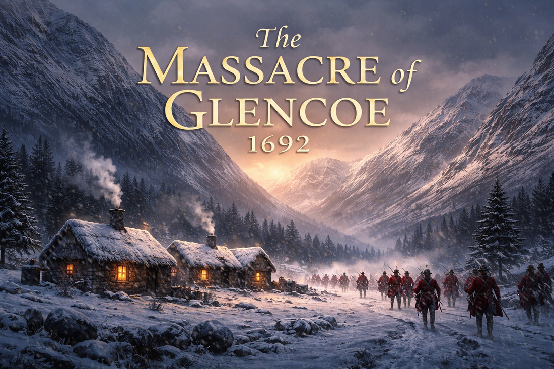 Scottish Highlands winter scene with stone cottages, soldiers, and 'Massacre of Glencoe 1692' text.