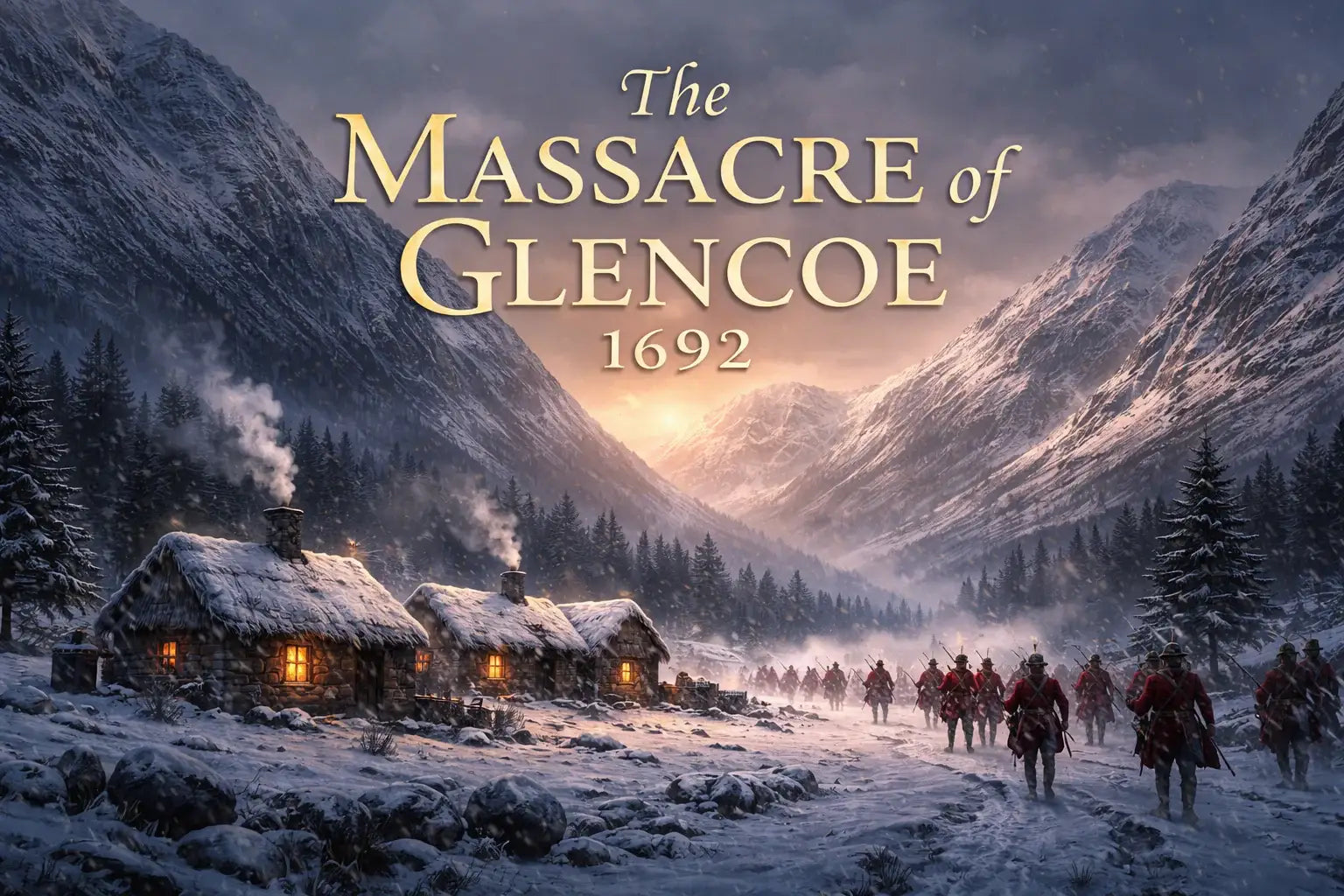 Scottish Highlands winter scene with stone cottages, soldiers, and 'Massacre of Glencoe 1692' text.