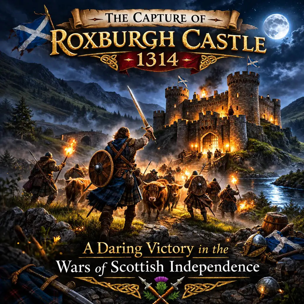 Scottish warriors storming Roxburgh Castle at night, 1314, torches and swords raised, Highlands backdrop.