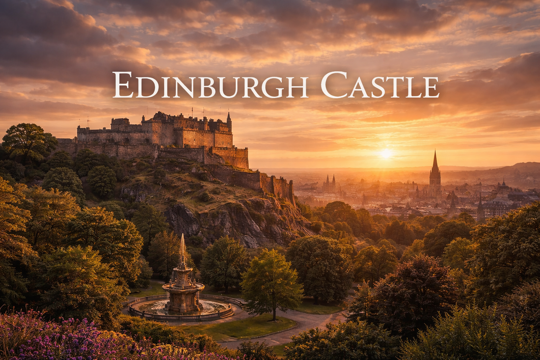 Edinburgh Castle illuminated at sunset overlooking the city of Edinburgh