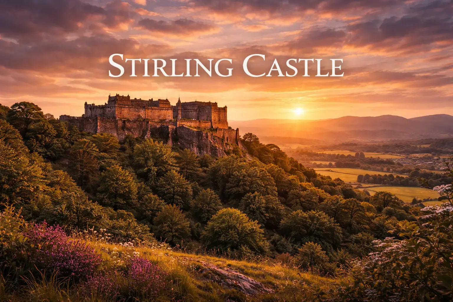 Stirling Castle overlooking the Forth Valley at sunset