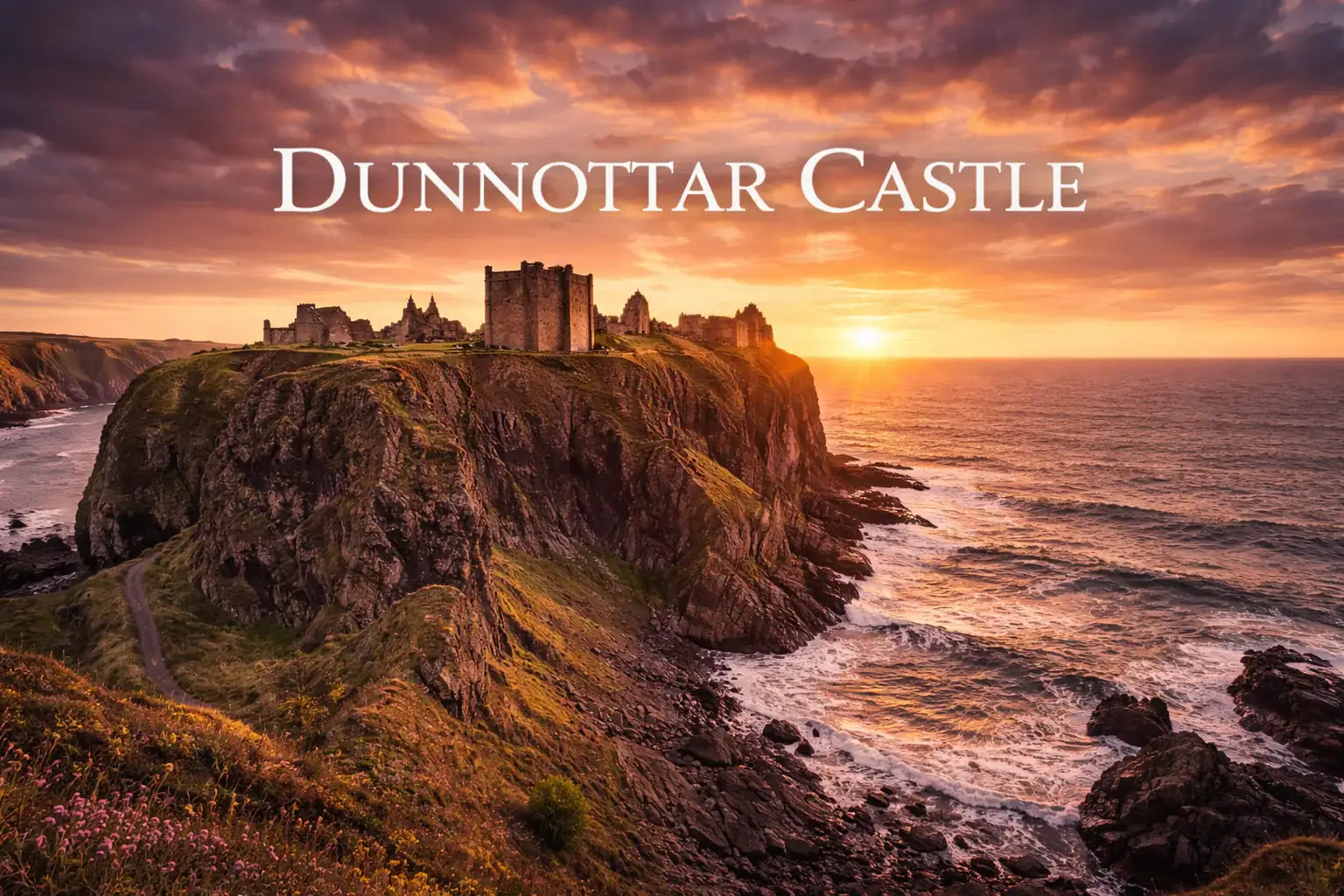 Dunnottar Castle on a cliff overlooking the North Sea at sunset