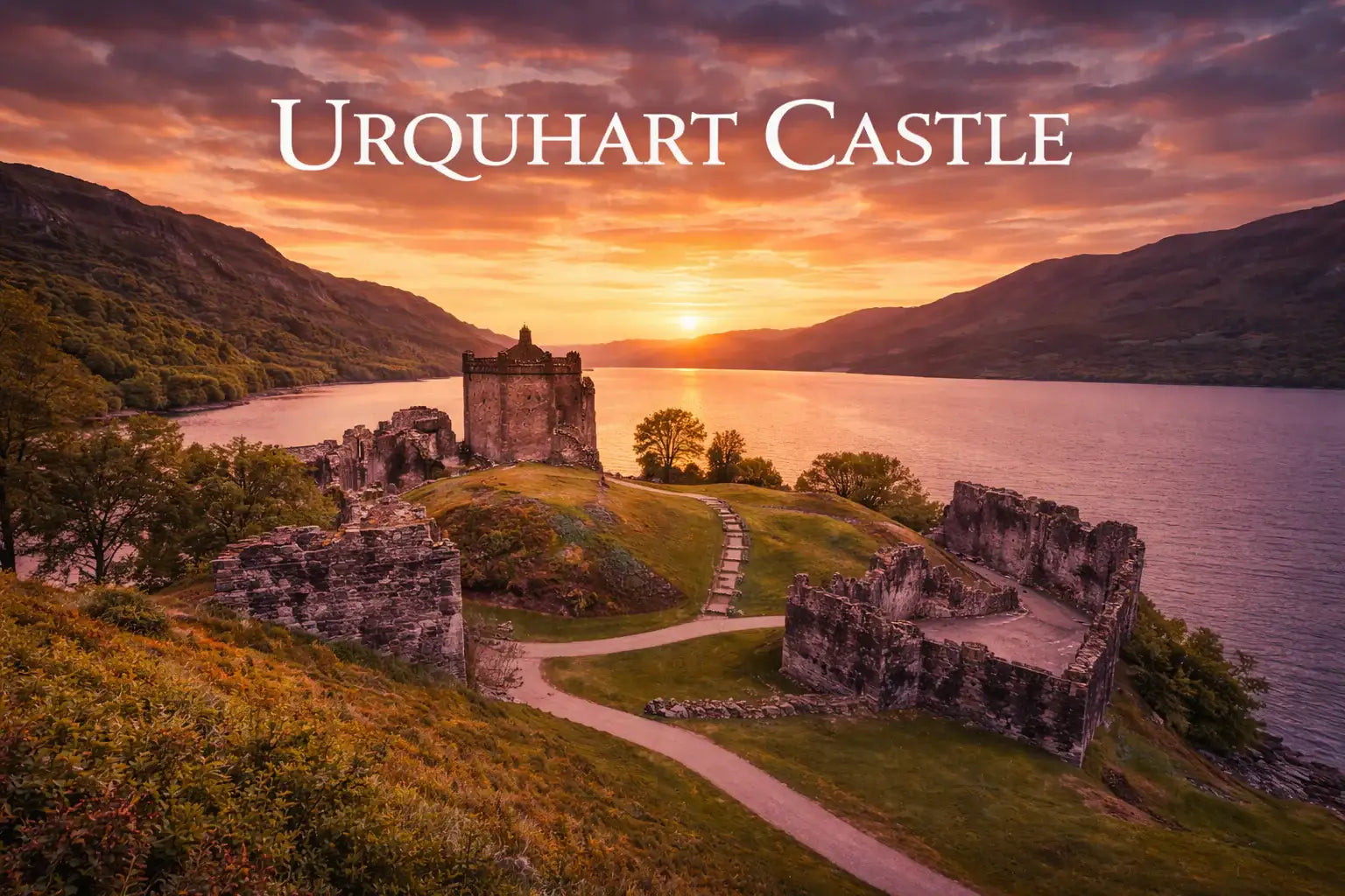 Urquhart Castle ruins overlooking Loch Ness at sunset