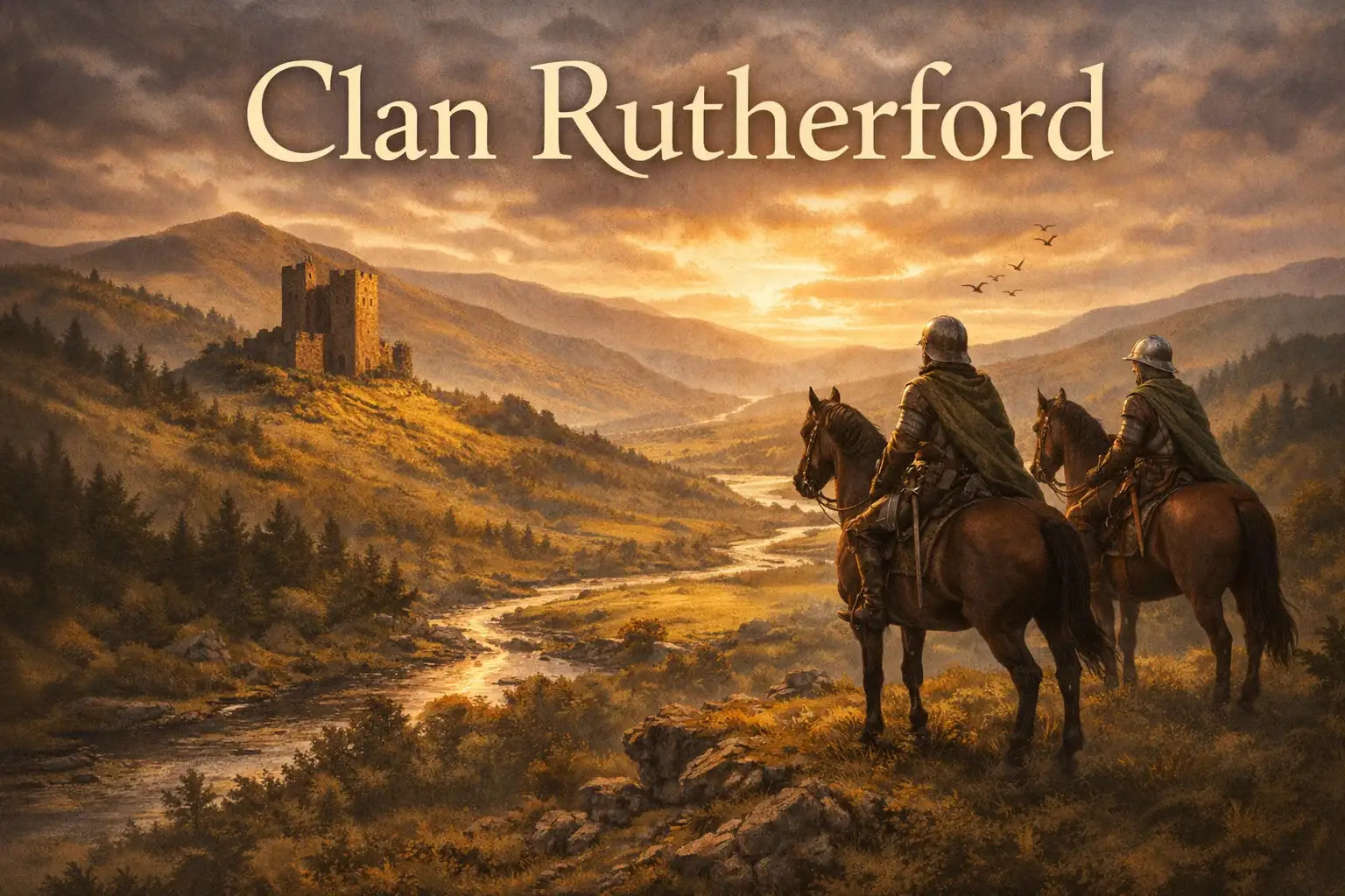 Clan Rutherford banner showing Scottish Borders landscape, tower house, and riders representing the history and origins of the Rutherford family.