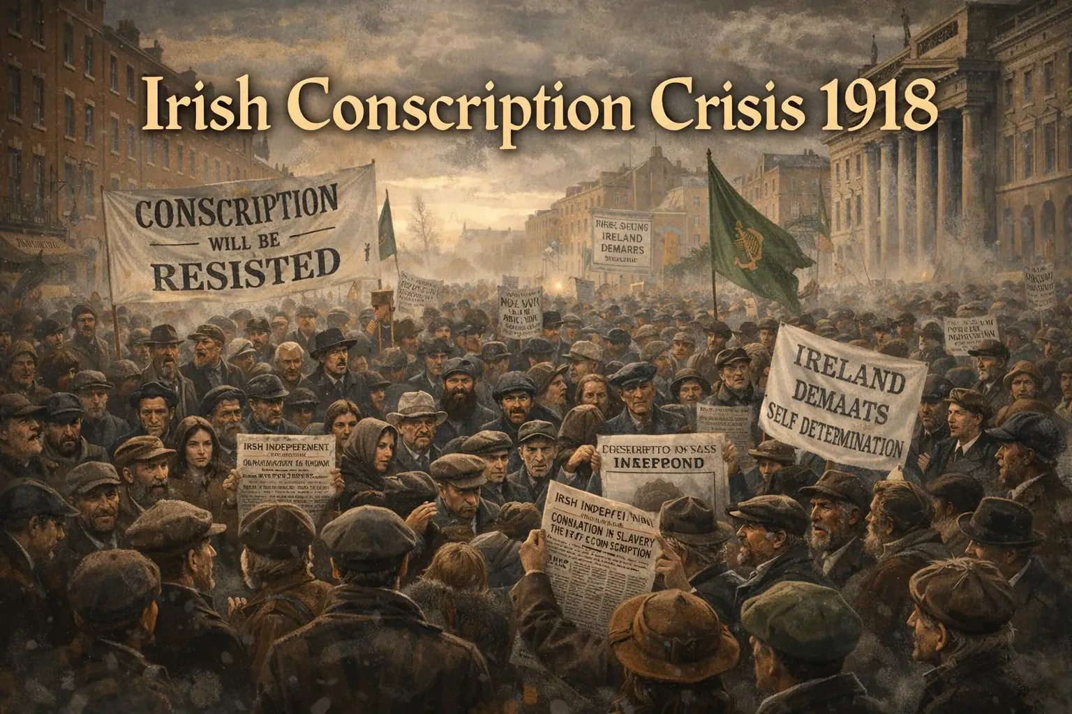 Irish Conscription Crisis 1918 illustration showing crowds gathered in Dublin protesting conscription during World War I with historic banners and city streets backdrop