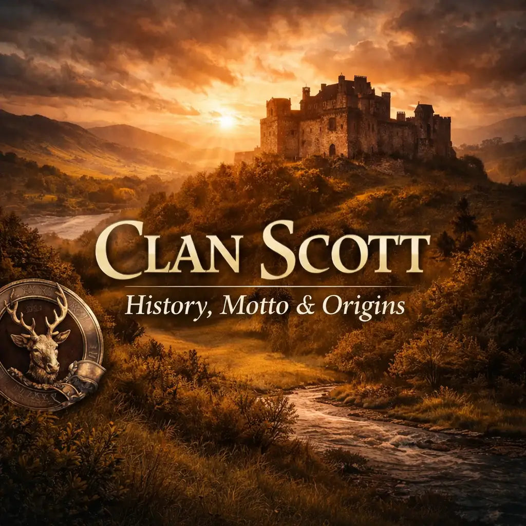 Clan Scott history blog hero image showing Branxholme Castle in the Scottish Borders with Clan Scott tartan accents