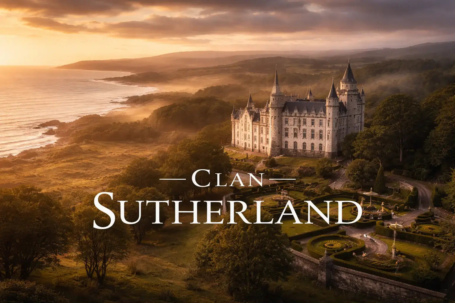 Dunrobin Castle in Sutherland overlooking the North Sea representing Clan Sutherland Scottish clan history