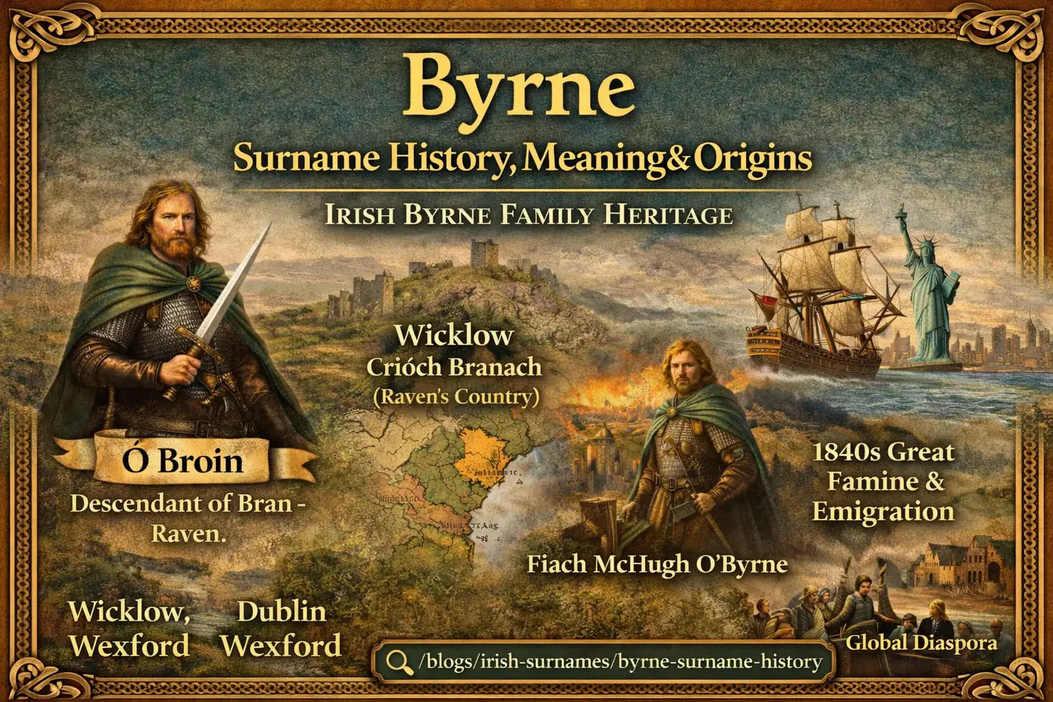 Byrne surname history blog image featuring Irish warrior, Wicklow mountain landscape, emigrant ship, and Celtic border with text “Byrne Surname History, Meaning & Origins” representing Irish Byrne family heritage.
