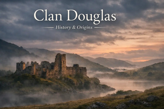 Clan Douglas history blog image showing a misty medieval castle landscape in southern Scotland, representing the origins and legacy of the Douglas clan.