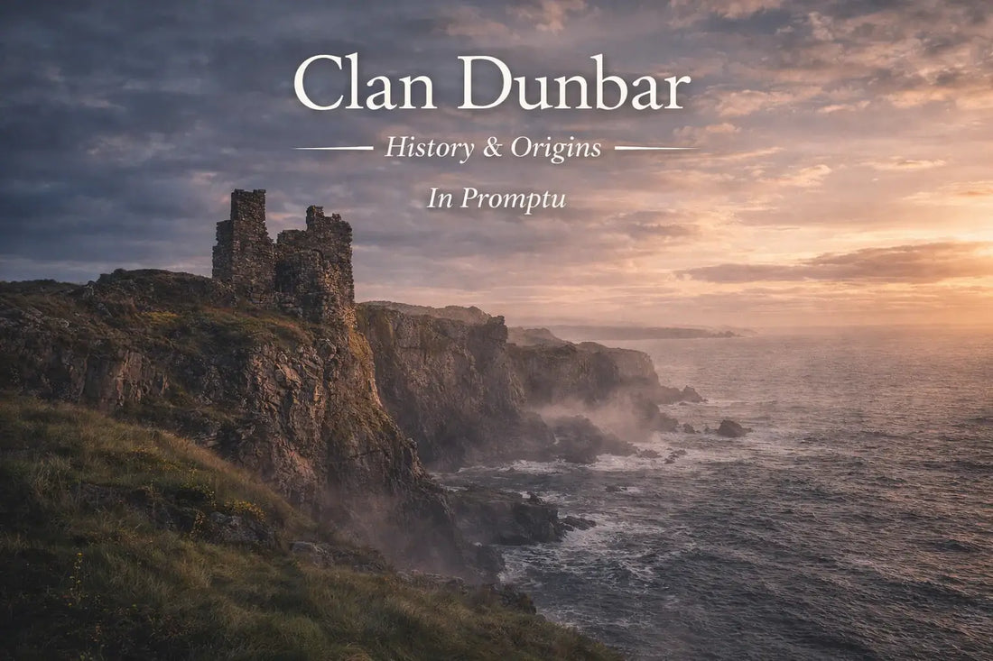 Misty coastal ruins of Dunbar Castle on cliffs above the North Sea with text “Clan Dunbar – History & Origins” and the clan motto “In Promptu,” representing the heritage of Clan Dunbar.