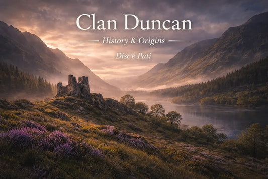 Misty Highland glen with a ruined stone tower, flowing stream, and mountains in the background, featuring text “Clan Duncan – History & Origins” and the motto “Disce Pati,” representing the heritage of Clan Duncan.