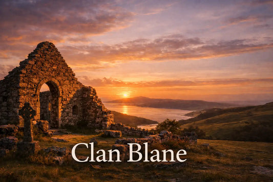 Aerial sunset view of the stone ruins of St. Blane’s Chapel on the Isle of Bute, looking across the water toward the Isle of Cumbrae and the Scottish coastline.
