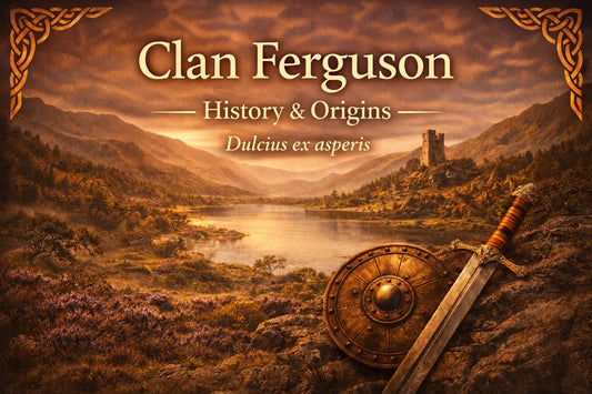 Golden Highland landscape with a river and distant stone tower, featuring centered text “Clan Ferguson – History & Origins” and the clan motto “Dulcius ex asperis,” representing the heritage of Clan Ferguson.