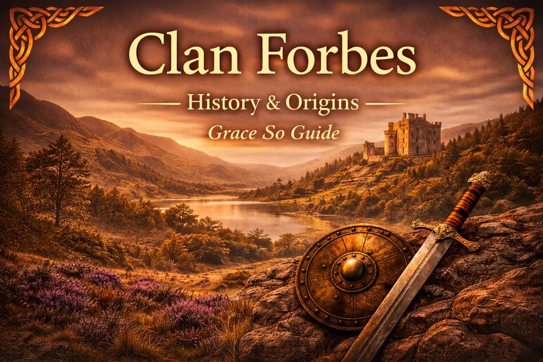 Golden Highland landscape with a river and hilltop castle, featuring centered text “Clan Forbes – History & Origins” and the clan motto “Grace Me Guide,” representing the heritage of Clan Forbes.
