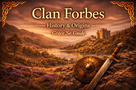Golden Highland landscape with a river and hilltop castle, featuring centered text “Clan Forbes – History & Origins” and the clan motto “Grace Me Guide,” representing the heritage of Clan Forbes.