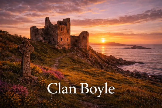 Historic Kelburn Castle in Ayrshire, the seat of Clan Boyle, featuring its unique colorful graffiti mural on the stone walls with the name BOYLE prominently displayed.