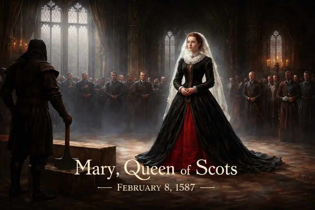 Mary, Queen of Scots standing in the great hall at Fotheringhay Castle moments before her execution on February 8, 1587, dressed in a black gown with a red petticoat, with witnesses and executioner present in a historic scene.