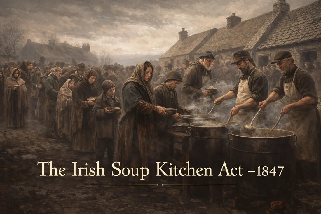 Irish famine soup kitchen scene in 1847 with families receiving food during the Great Famine