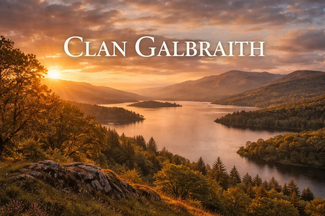 Sunset landscape of Loch Lomond with hills and forest, featuring the text “Clan Galbraith,” representing the historic lands of Clan Galbraith in Scotland.