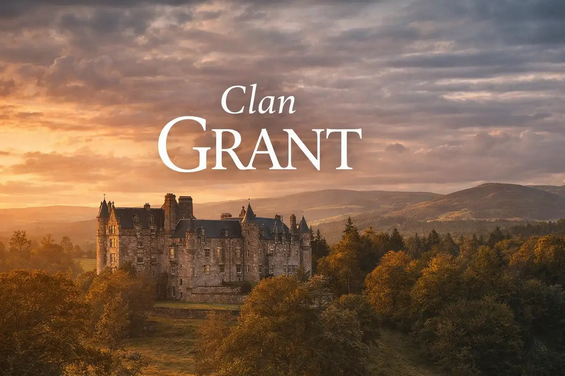 Castle Grant in Strathspey, historic seat of Clan Grant, surrounded by Highland countryside at sunset with the text “Clan Grant” overlaid.