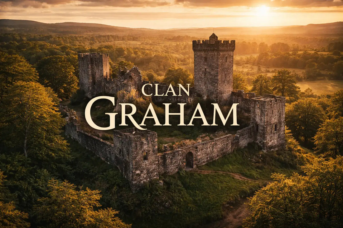 Mugdock Castle in Scotland at sunset, historic stronghold associated with Clan Graham, surrounded by woodland and rolling countryside, with the text “Clan Graham” overlaid.
