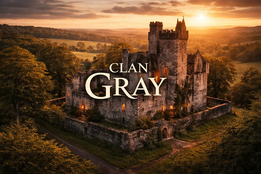 Fowlis Castle in Angus, Scotland, historic seat of Clan Gray, surrounded by trees and countryside at sunset, with the text “Clan Gray” overlaid.
