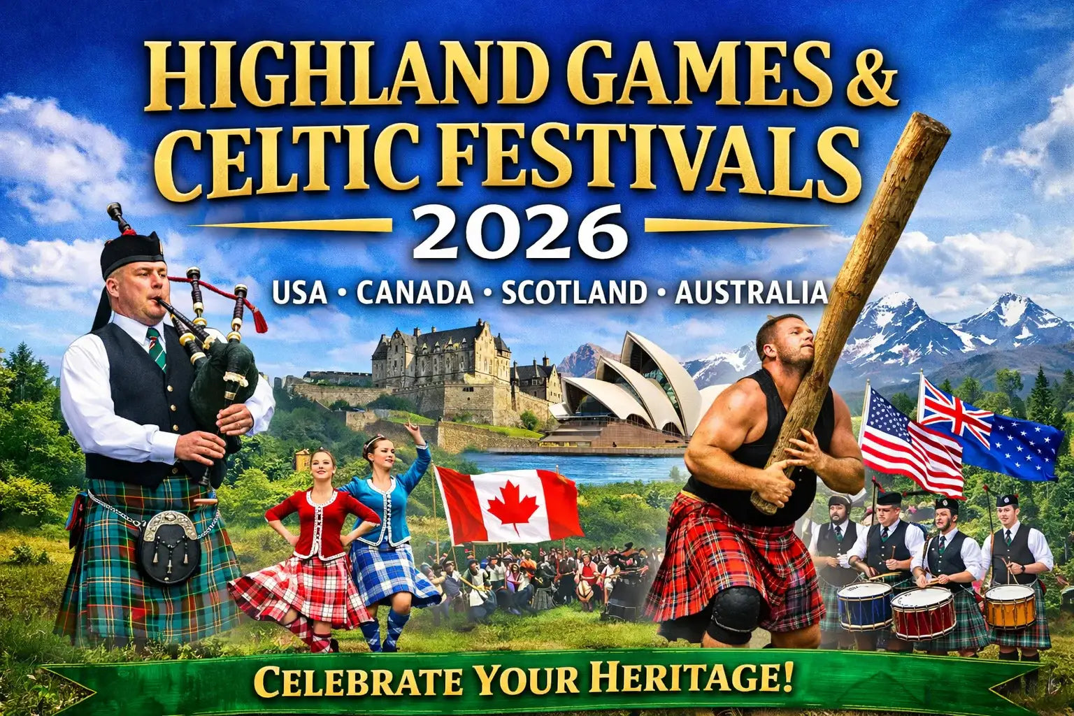 Highland Games and Celtic Festivals 2026 – bagpiper, Highland dancers, and caber toss celebrating Scottish heritage events in the USA, Canada, Scotland, and Australia.