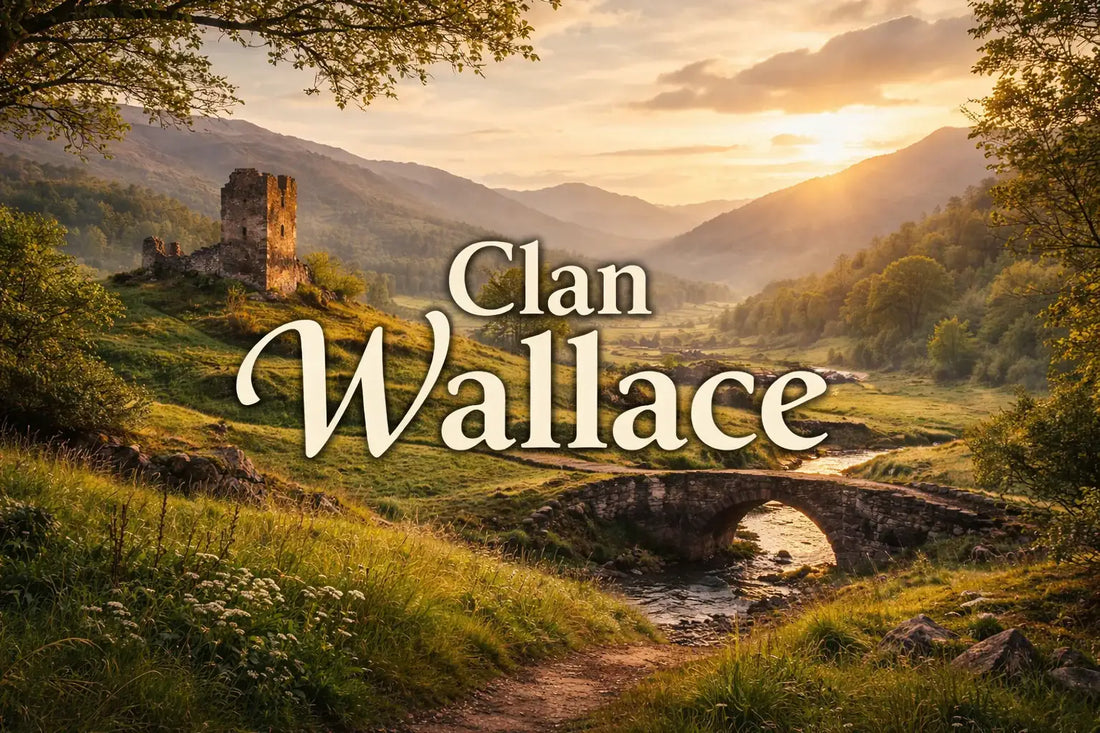 Scenic Scottish landscape at sunset with rolling green hills, a stone bridge, and distant mountains, featuring the text “Clan Wallace” centered over the countryside.