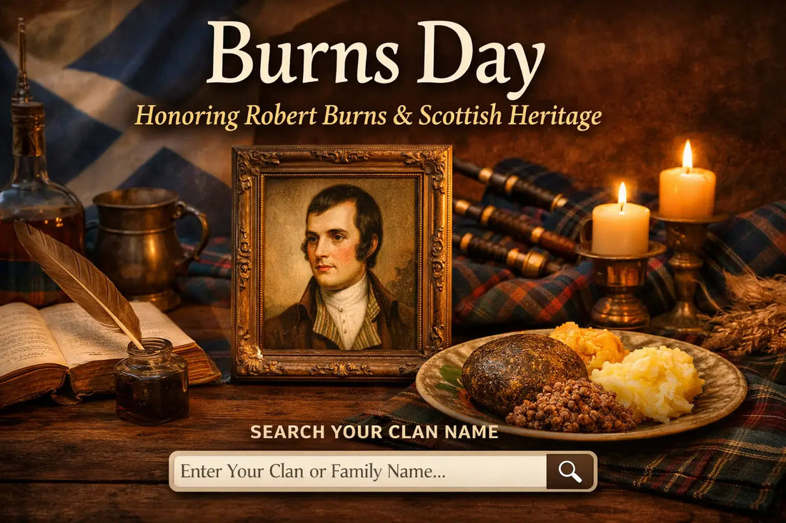 Burns Day blog header image featuring Robert Burns portrait, haggis, tartan cloth, candles, and traditional Scottish heritage setting