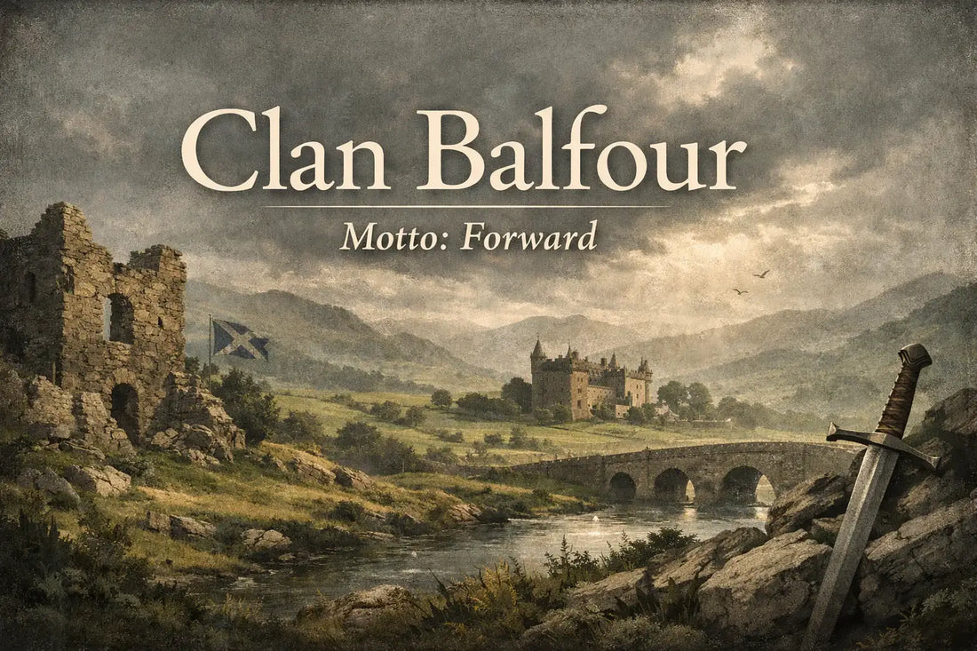 Clan Balfour history and motto Forward illustrated with Scottish Lowlands landscape from Fife