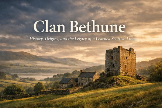 Clan Bethune history blog header image featuring a Scottish landscape with a stone tower