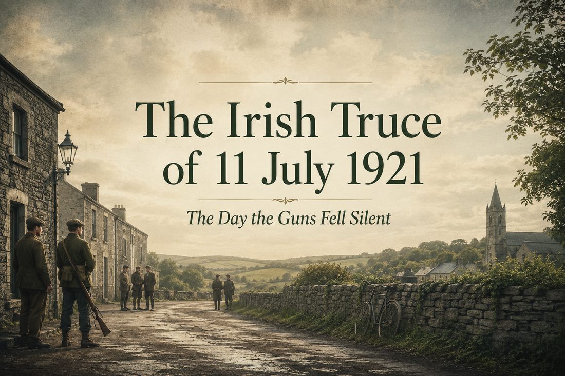 Historic Irish village scene with men in 1921-era clothing standing quietly beside a stone road, with centred text reading “The Irish Truce of 11 July 1921 — The Day the Guns Fell Silent.”