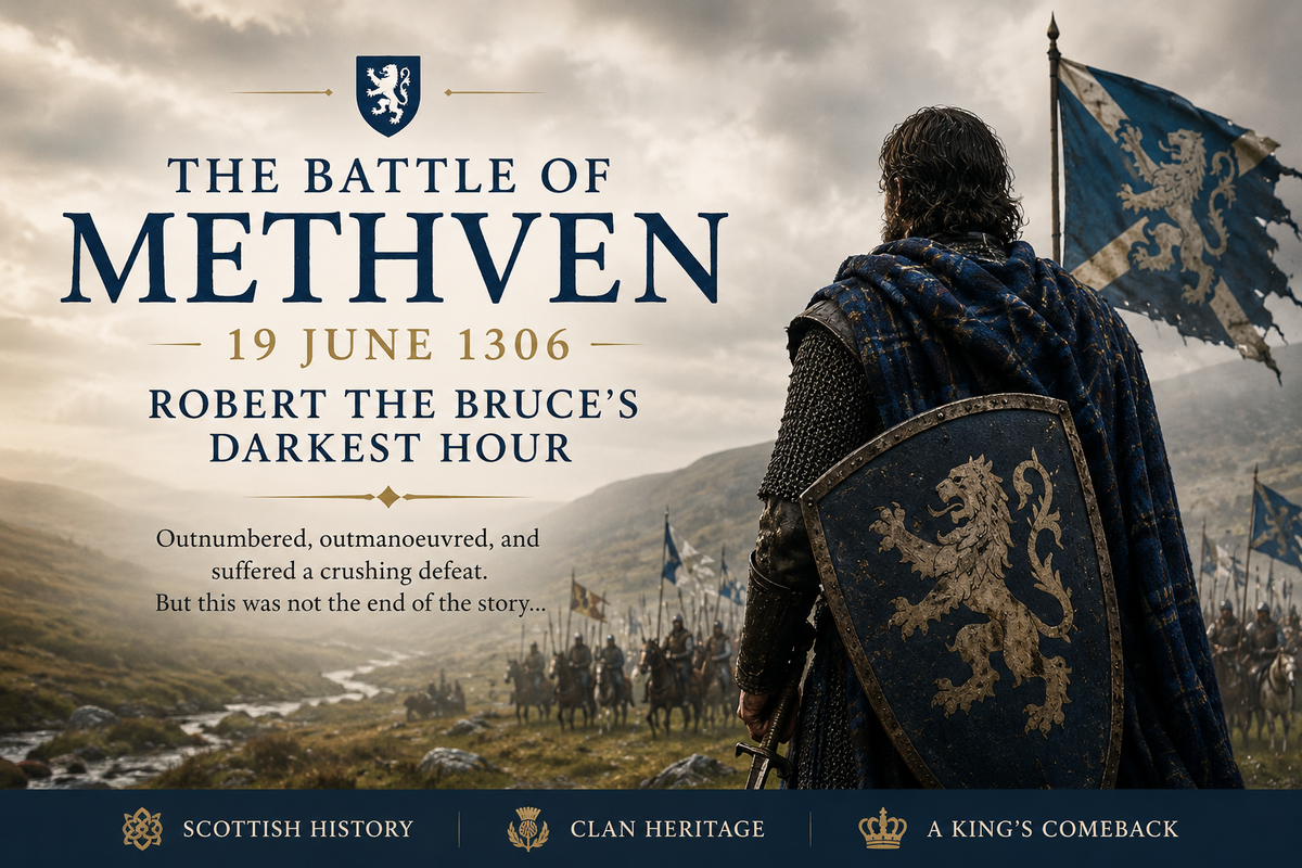 Robert the Bruce facing a misty Scottish battlefield before the Battle of Methven in 1306.