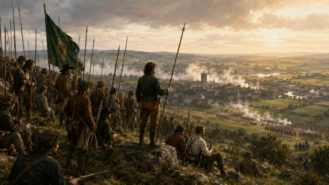 United Irishmen rebels with pikes on Vinegar Hill overlooking Enniscorthy during the 1798 Irish Rebellion.