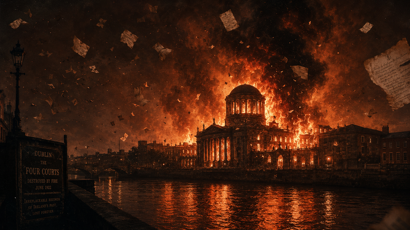 he Four Courts Dublin in flames during the Irish Civil War, June 1922 — the explosion destroyed the Public Record Office of Ireland and 800 years of Irish genealogy records