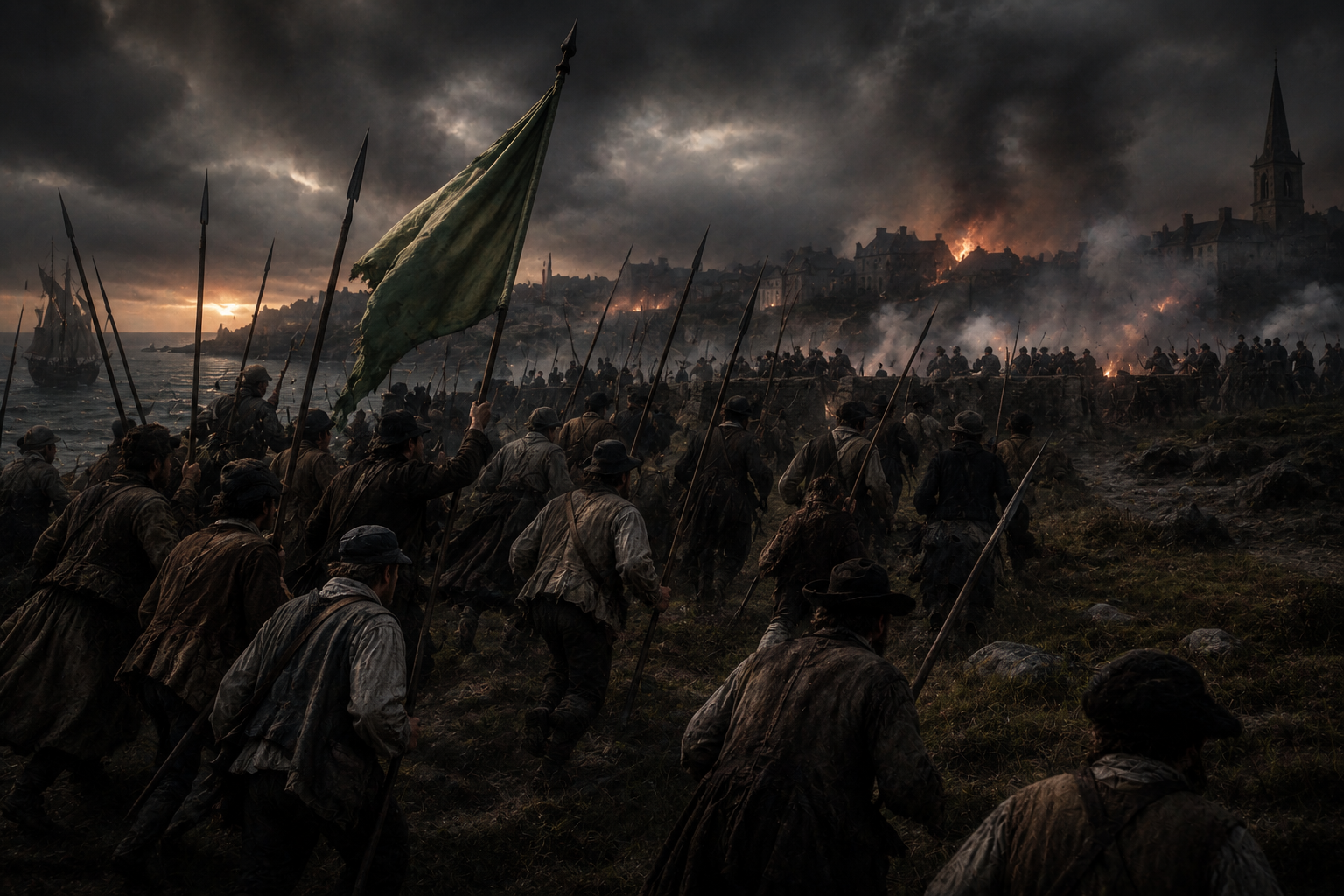 Battle of Arklow 1798 — Irish rebel pikemen charge the British-held town at dusk during the 1798 Rebellion, where Fr. Michael Murphy was killed.
