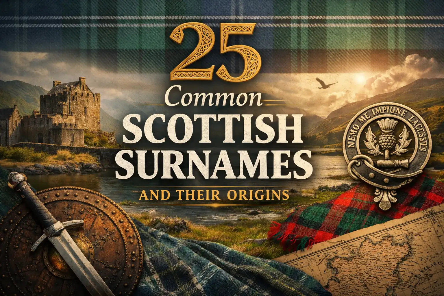 Blog cover image with the text “25 Common Scottish Surnames and Their Origins” over a dramatic Scottish landscape featuring a stone castle, loch, mountains, tartan fabric, a clan crest badge, shield, sword, and an old map of Scotland.